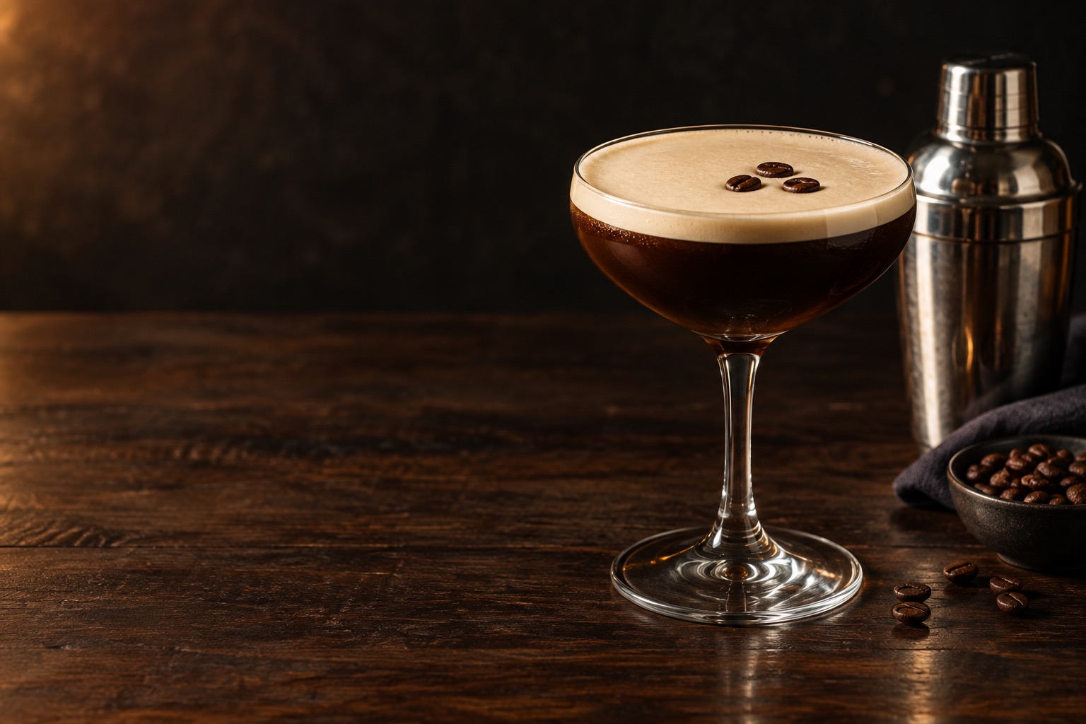 Espresso martini with a creamy foam cap and three coffee beans beside a cocktail shaker